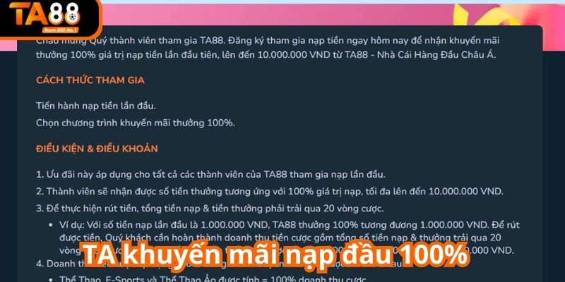 TA88 khuyến mãi nạp đầu 100% cho toàn bộ tân binh